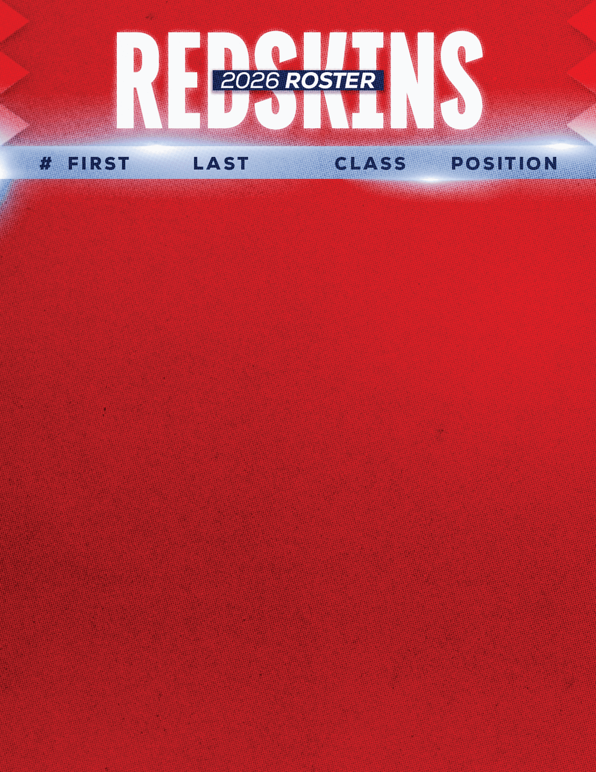 The image shows a red background with the word “REDSKINS" in large white letters at the top and a blue banner below it that reads "2026 ROSTER" with column headers for number, first name, last name, class, and position. Description generated by AI