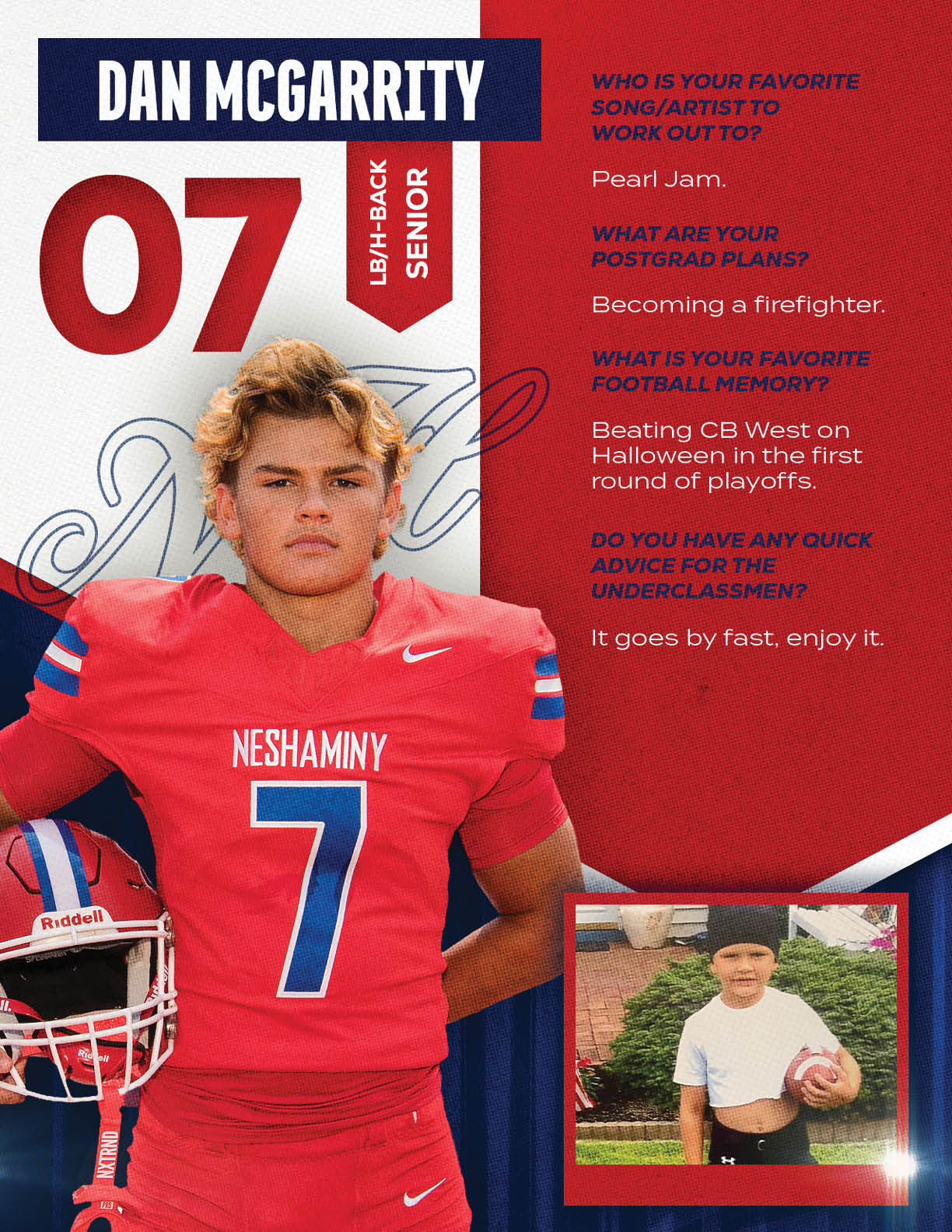 A person in a red football uniform with the number seven stands confidently holding a helmet, accompanied by a smaller photo of a child holding a football, with text about favorite song, postgrad plans, football memory, and advice for underclassmen. Description generated by AI