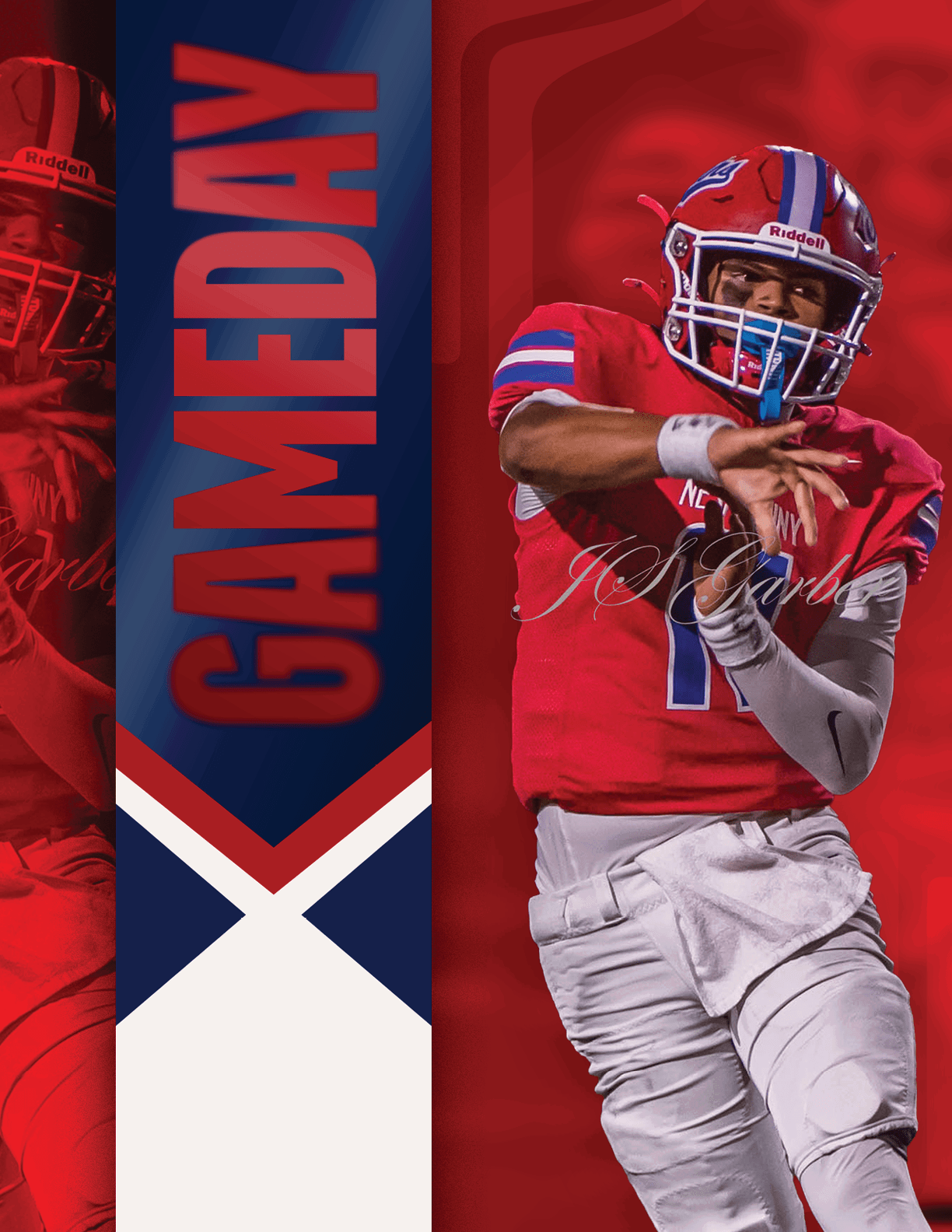 A person wearing a blue sleeveless shirt and red pants is jumping and reaching up with one hand to catch a football against a red and blue background with the word GAMEDAY. Description generated by AI