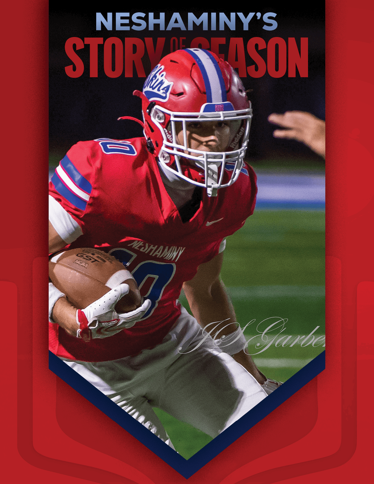 A person wearing a football uniform with the number 56 is running on a field with other players in the background and text above reading “Neshaminy's Story of the Season." Description generated by AI