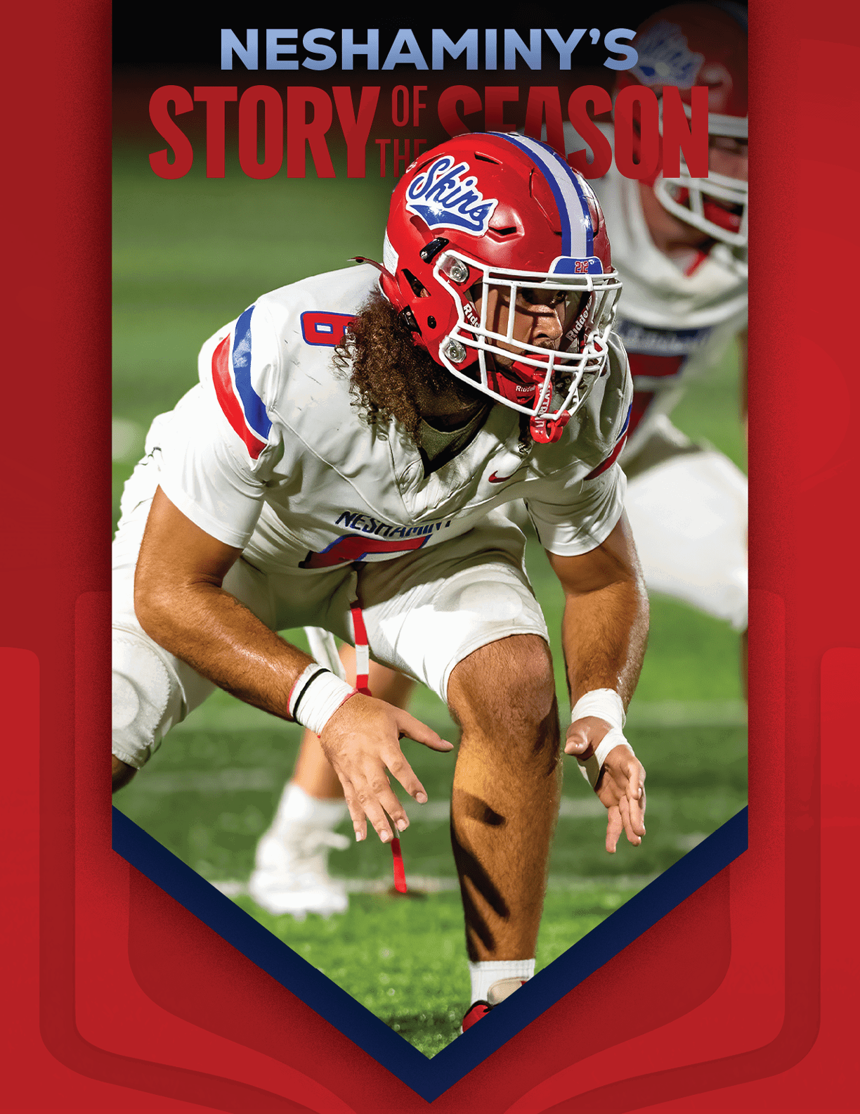 A person wearing a football uniform with the number 56 is running on a field with other players in the background and text above reading “Neshaminy's Story of the Season." Description generated by AI
