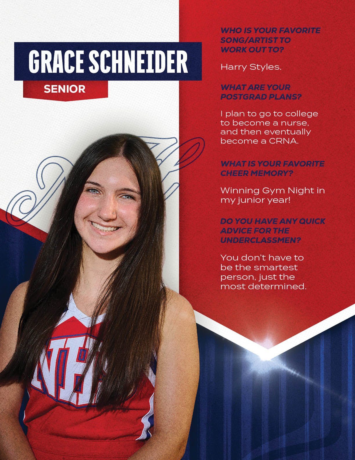 A person with long straight hair wearing a red and white sports jersey smiles in front of a red and white background with text about their favorite artist, postgrad plans, cheer memory, and advice for underclassmen. Description generated by AI