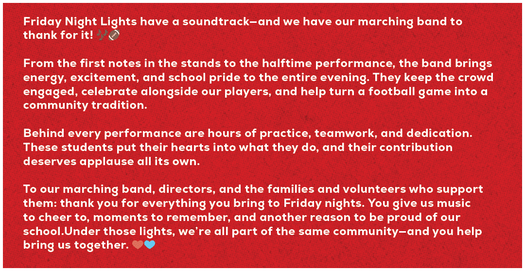Friday Night Lights have a soundtrack—and we have our marching band to thank for it! 🎶🏈 From the first notes in the...