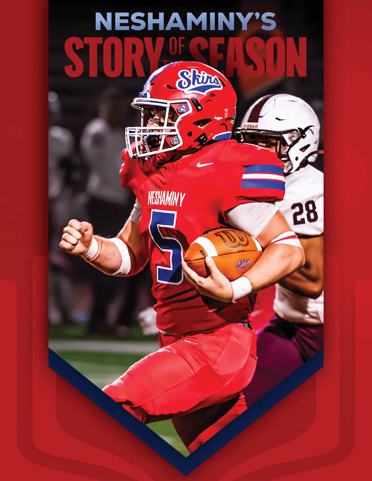 A person wearing a football uniform with the number 56 is running on a field with other players in the background and text above reading “Neshaminy's Story of the Season." Description generated by AI