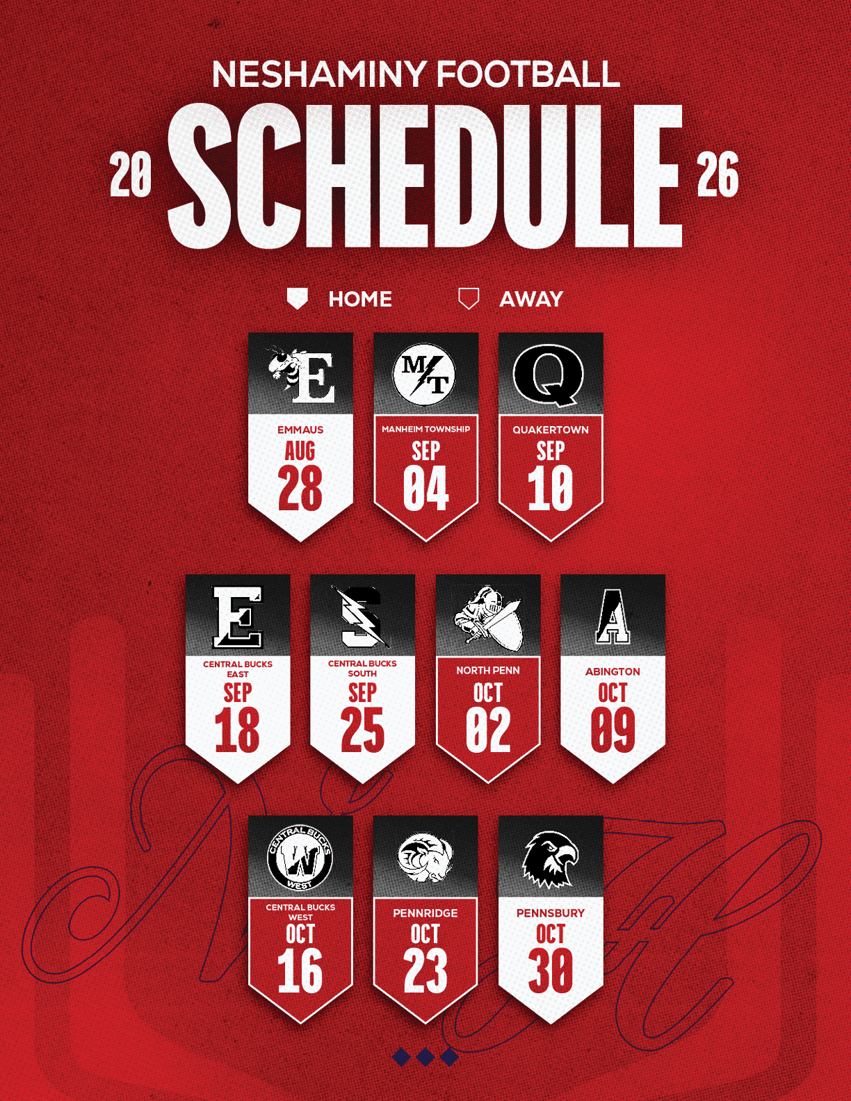 The 2026 Neshaminy Football schedule is displayed on a red background with dates and opponents for home and away games shown in a banner style. Description generated by AI