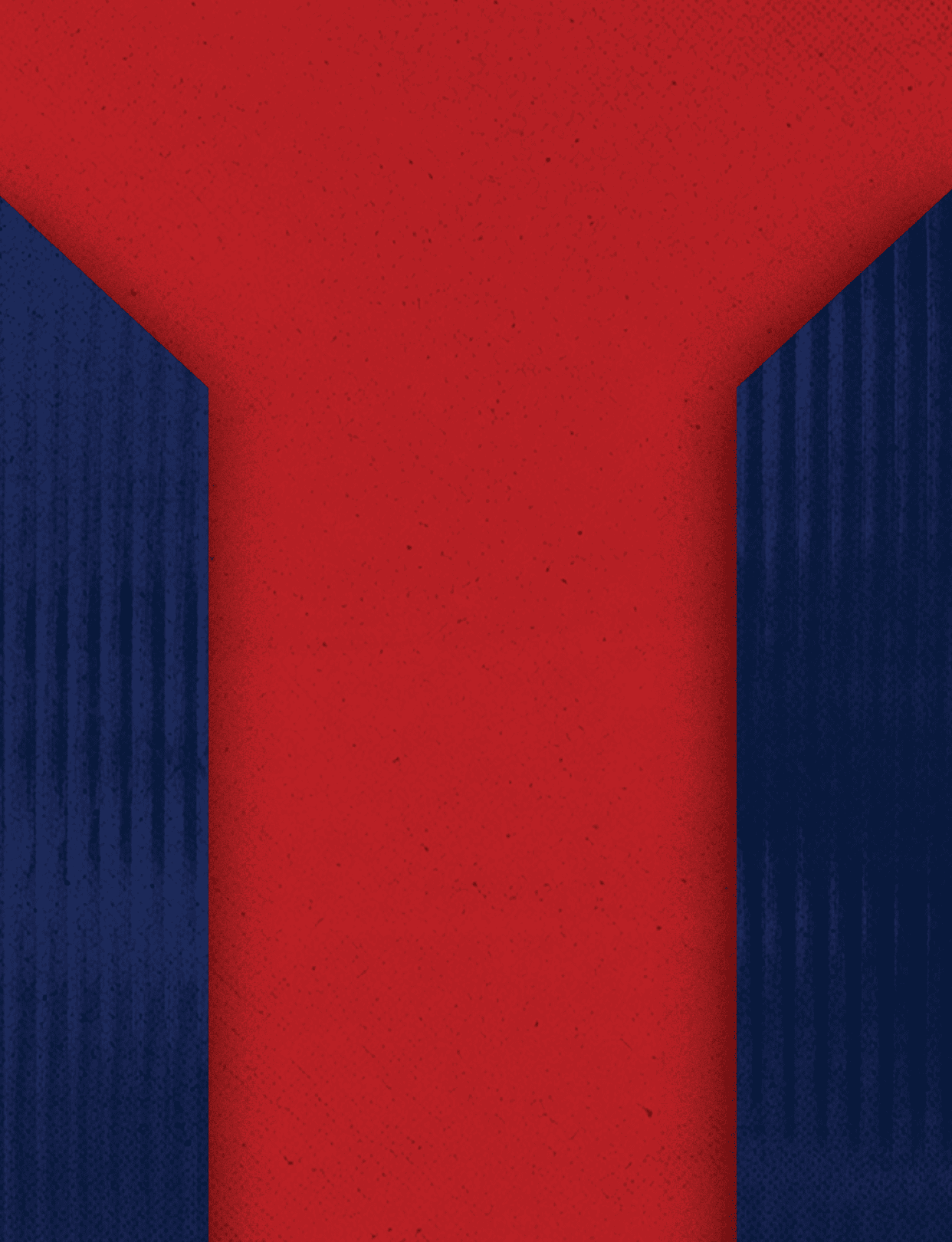 A red background with a Y-shaped cutout revealing textured dark blue areas on the left and right sides. Description generated by AI