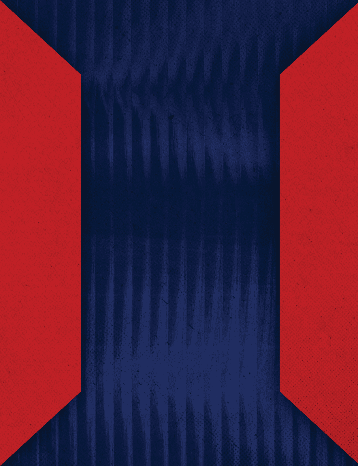 A vertical dark blue textured stripe is flanked by two red trapezoid shapes on either side against a dark background. Description generated by AI