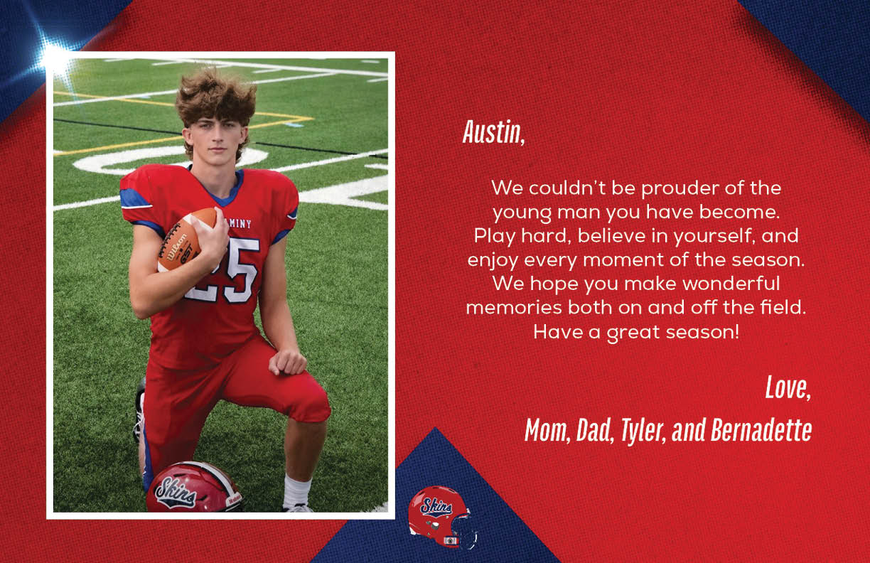 A person in a red football uniform kneels on a field holding a football with a helmet on the ground nearby, accompanied by a heartfelt message expressing pride and encouragement for Austin from family members. Description generated by AI