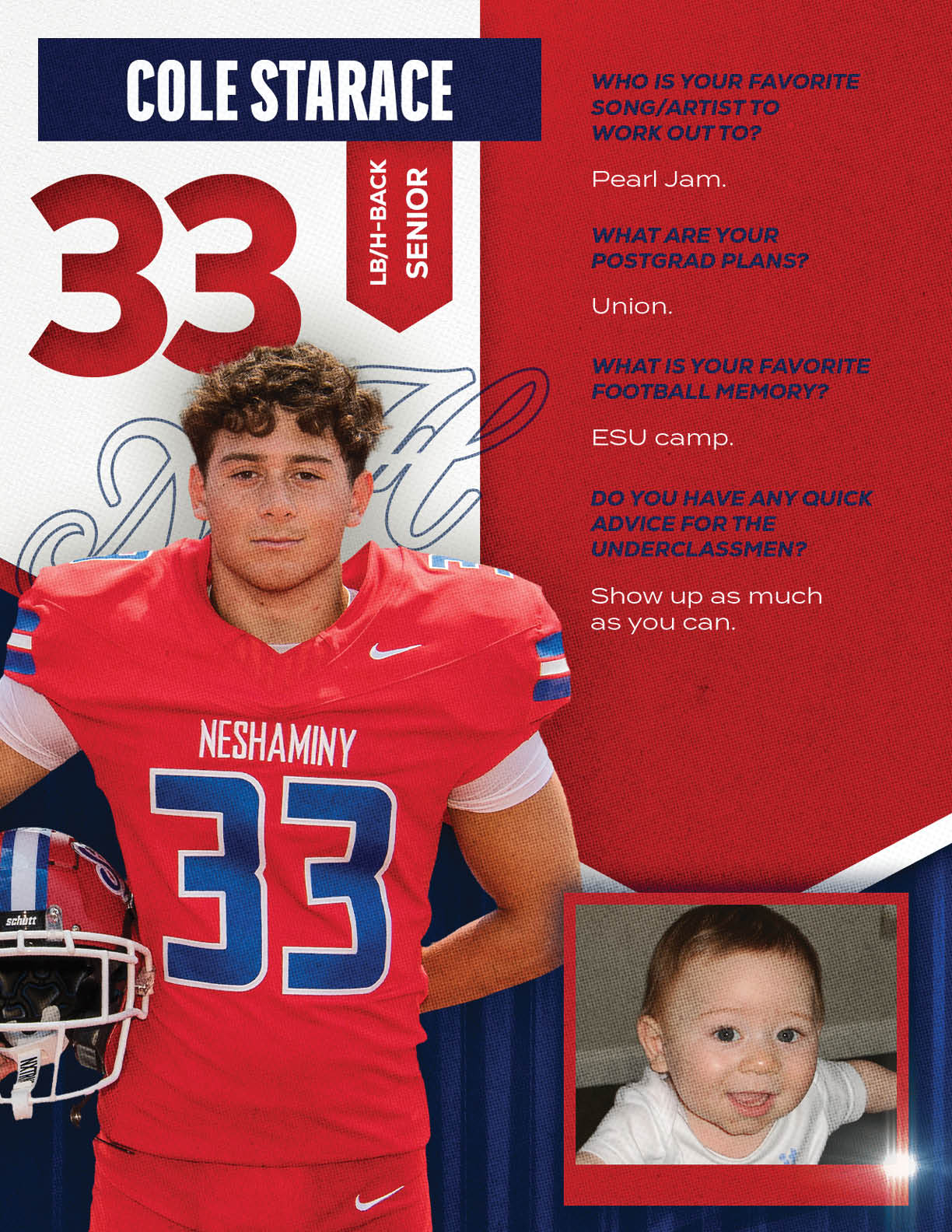 A person in a red football uniform with the number 33 and the name Neshaminy stands next to a smaller photo of a smiling child, with text about favorite music, postgrad plans, football memory, and advice for underclassmen. Description generated by AI
