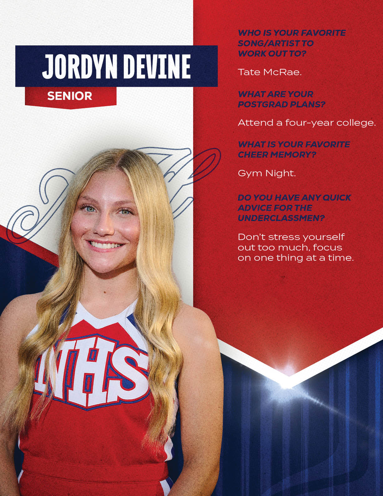 A person with long blonde hair wearing a red and white cheerleading uniform stands smiling next to text about their favorite song artist, postgrad plans, cheer memory, and advice for underclassmen. Description generated by AI