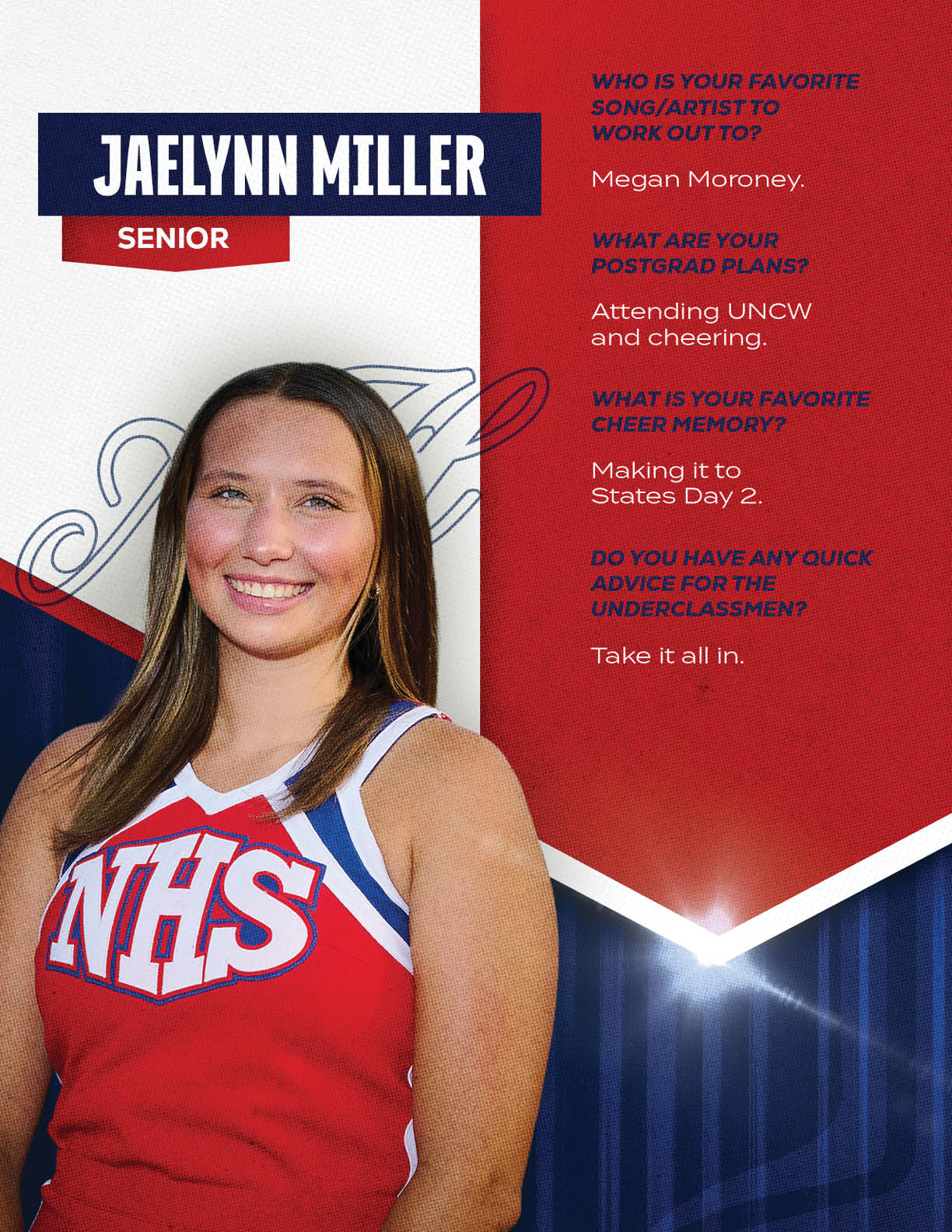 An adult wearing a red cheerleading uniform with NHS letters smiles in front of a red and blue background with text about favorite songs, postgrad plans, cheer memories, and advice for underclassmen. Description generated by AI