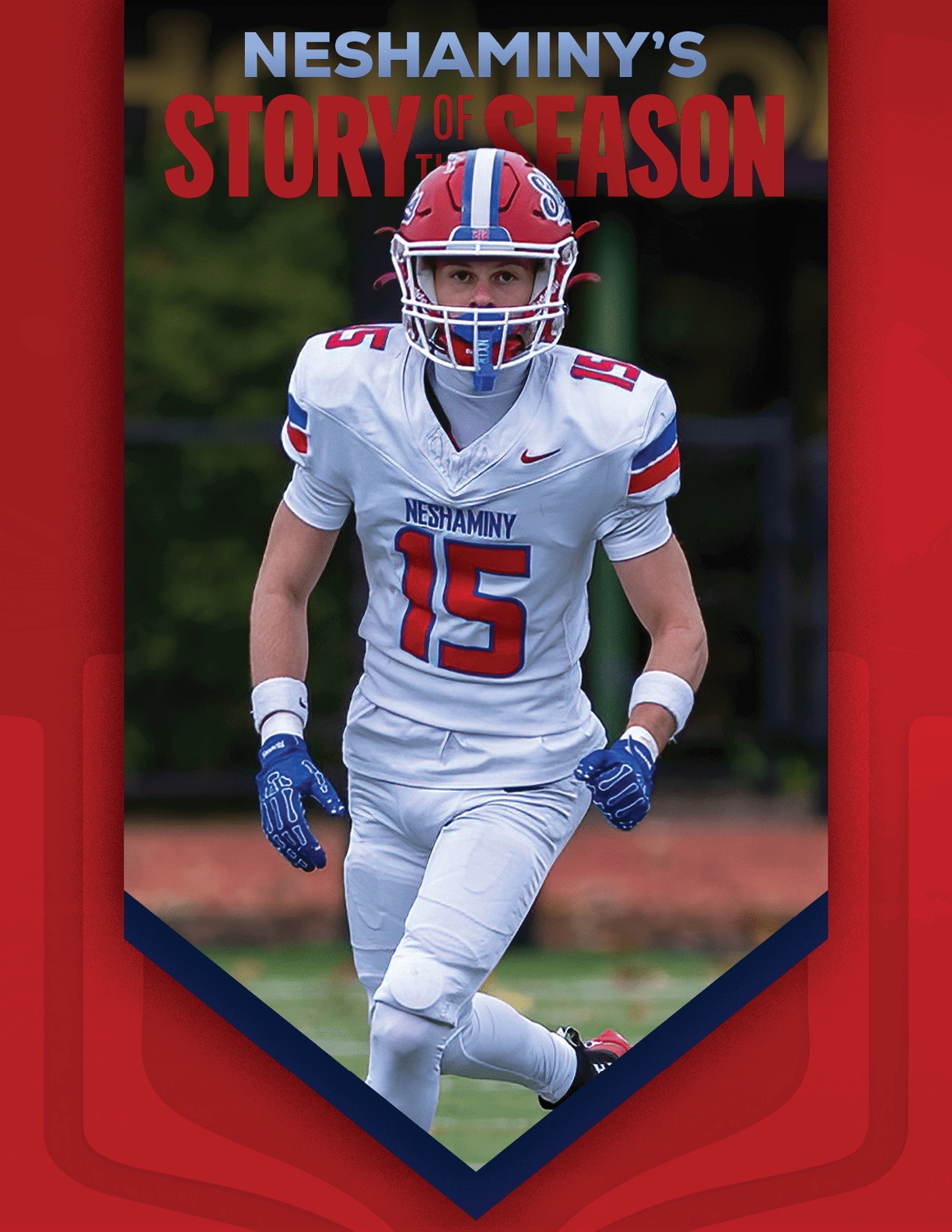A person wearing a football uniform with the number 56 is running on a field with other players in the background and text above reading “Neshaminy's Story of the Season." Description generated by AI
