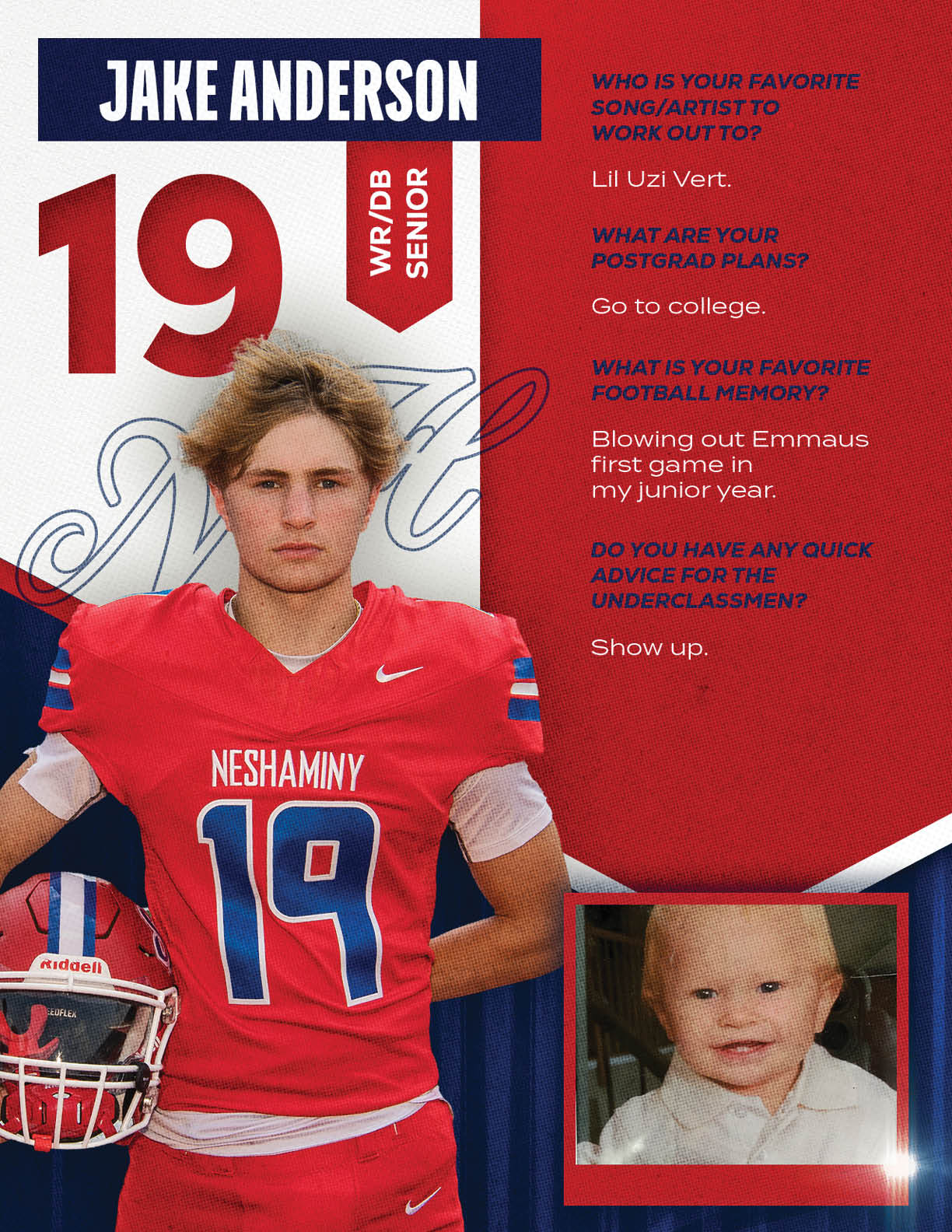 A person wearing a red football jersey with the number 19 and holding a helmet stands next to a small photo of a smiling child, accompanied by text about favorite song, postgrad plans, football memory, and advice for underclassmen. Description generated by AI