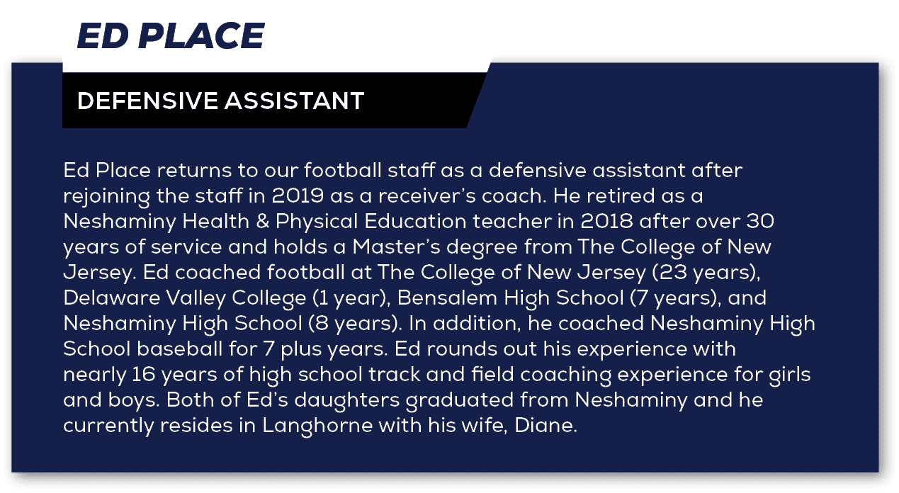 Ed Place returns to our football staff as a defensive assistant after rejoining the staff in 2019 as a receiver’s coa...