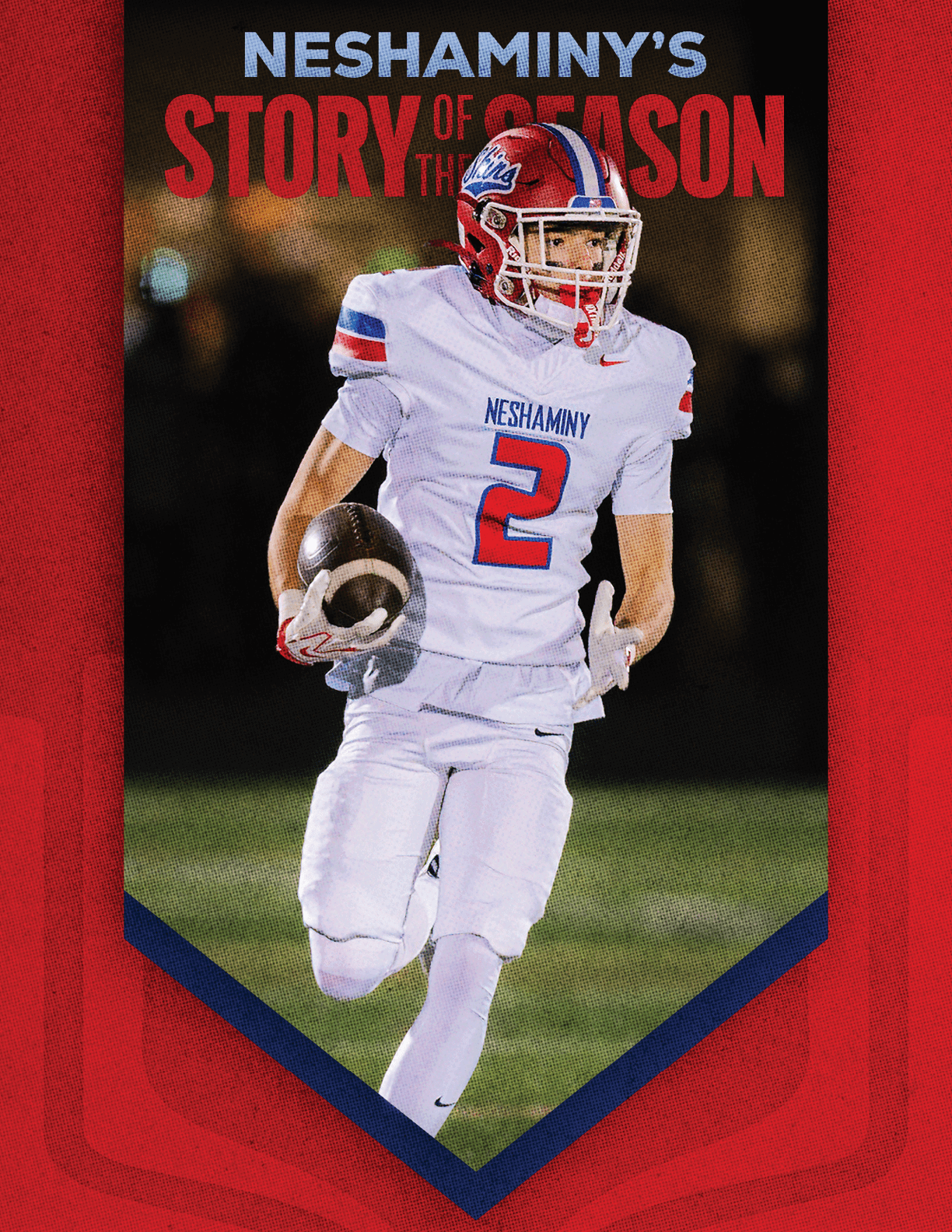 A person wearing a football uniform with the number 56 is running on a field with other players in the background and text above reading “Neshaminy's Story of the Season." Description generated by AI