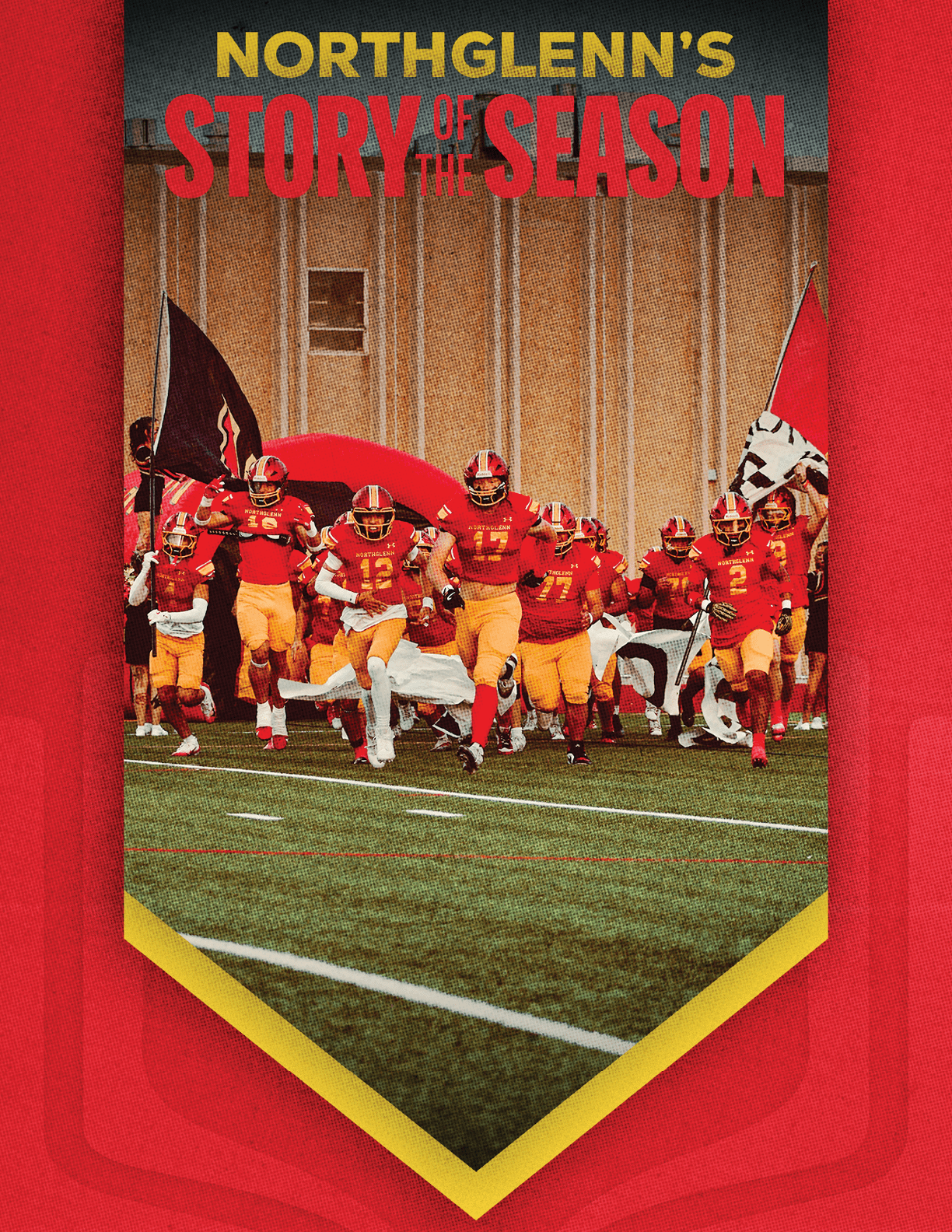 A football team running on a field. Description generated by AI