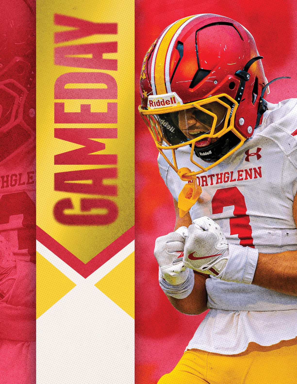 A football player wearing a red and yellow jersey with the number 3 on it. Description generated by AI
