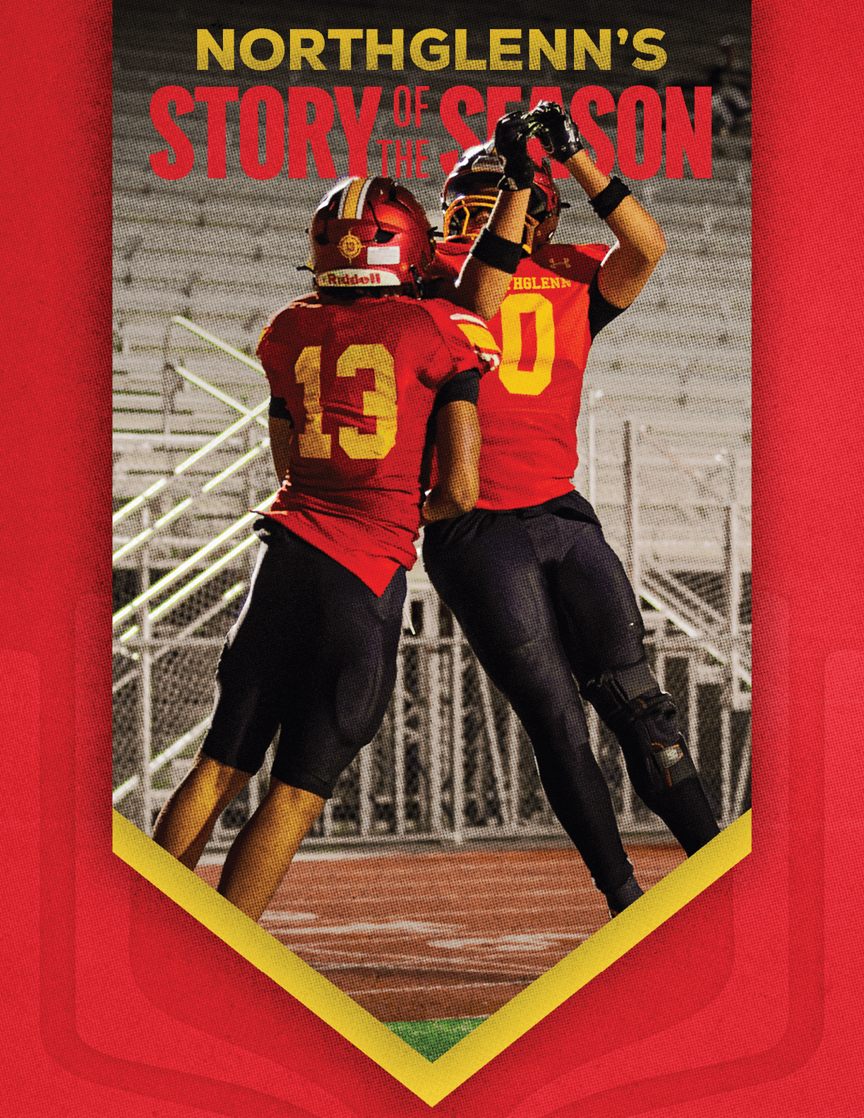 A red and yellow sign with two football players on it. Description generated by AI