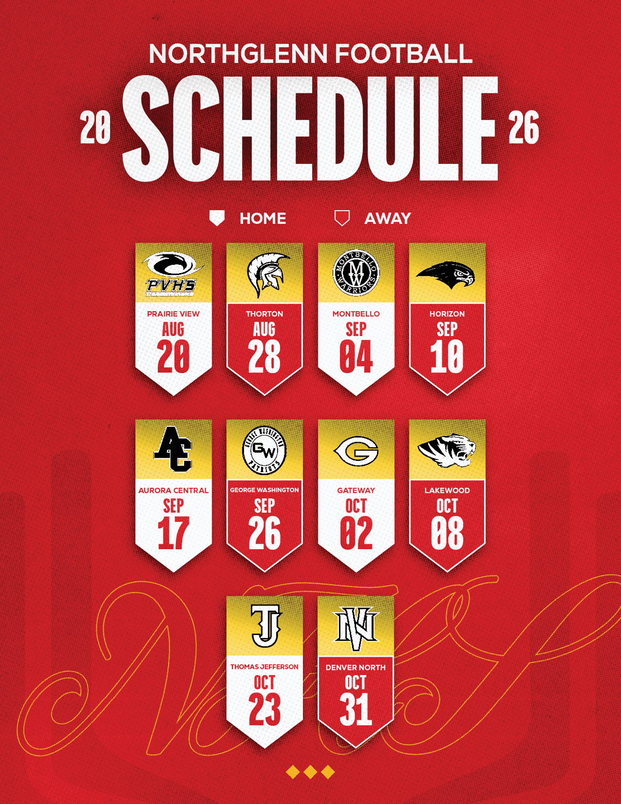 A red and yellow football schedule. Description generated by AI