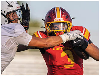 A football player wearing a red jersey with the number 14 on it. Description generated by AI