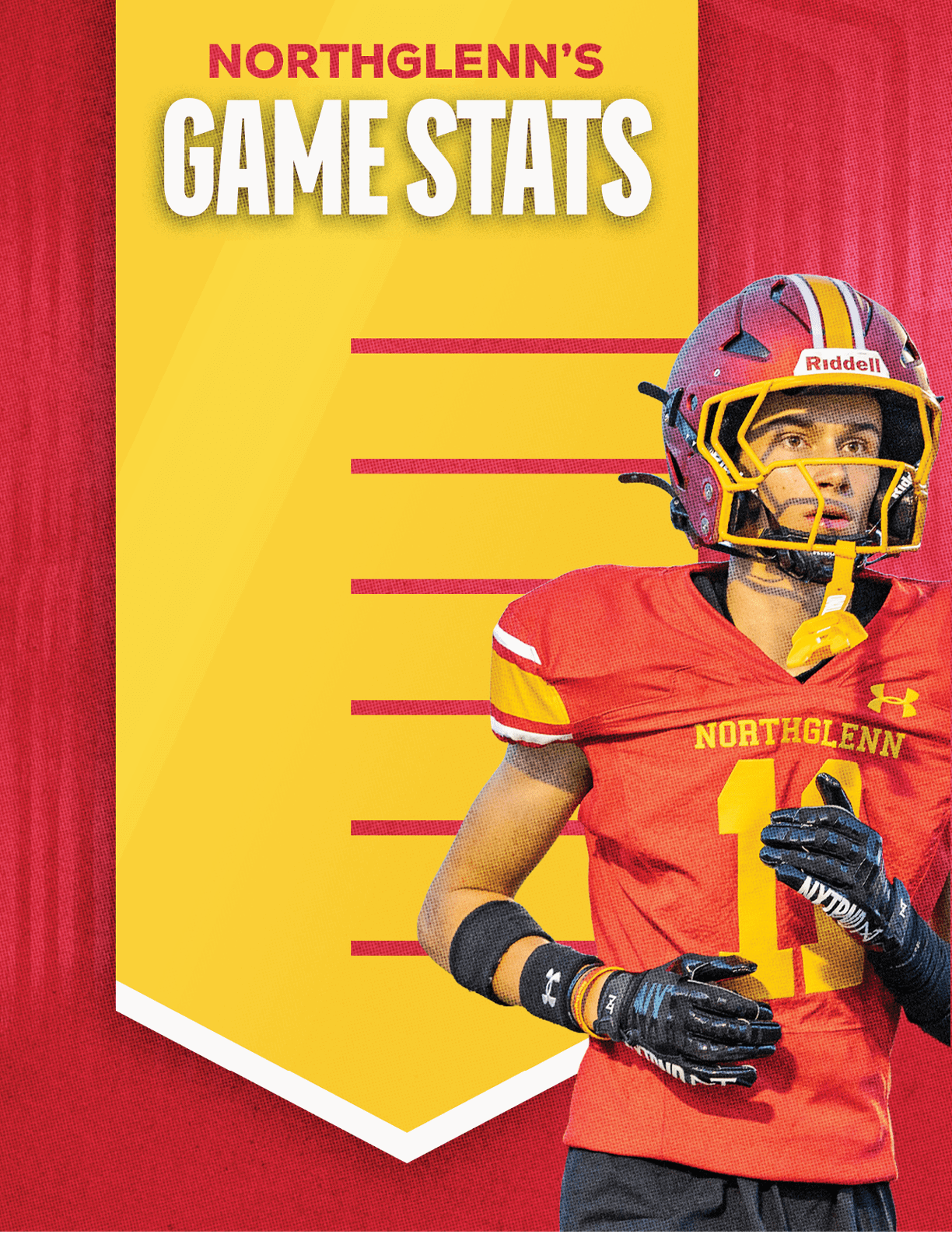 A football player wearing a red and yellow jersey. Description generated by AI