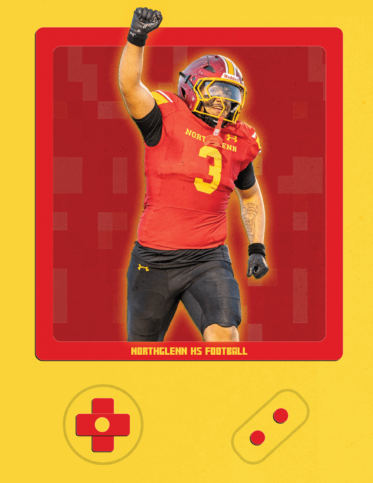 A football player wearing a red and yellow jersey. Description generated by AI