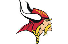 A Viking helmet with a red and white design. Description generated by AI
