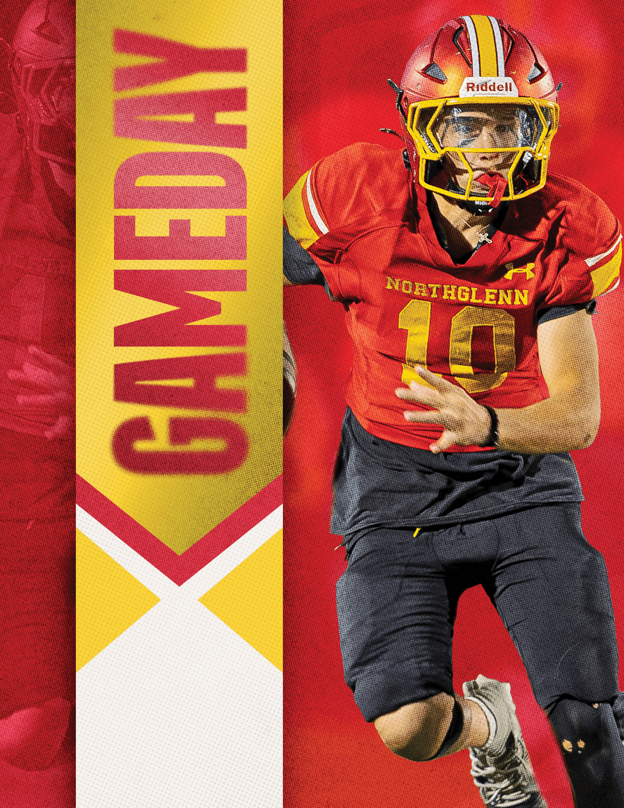 A football player wearing a red and yellow jersey. Description generated by AI