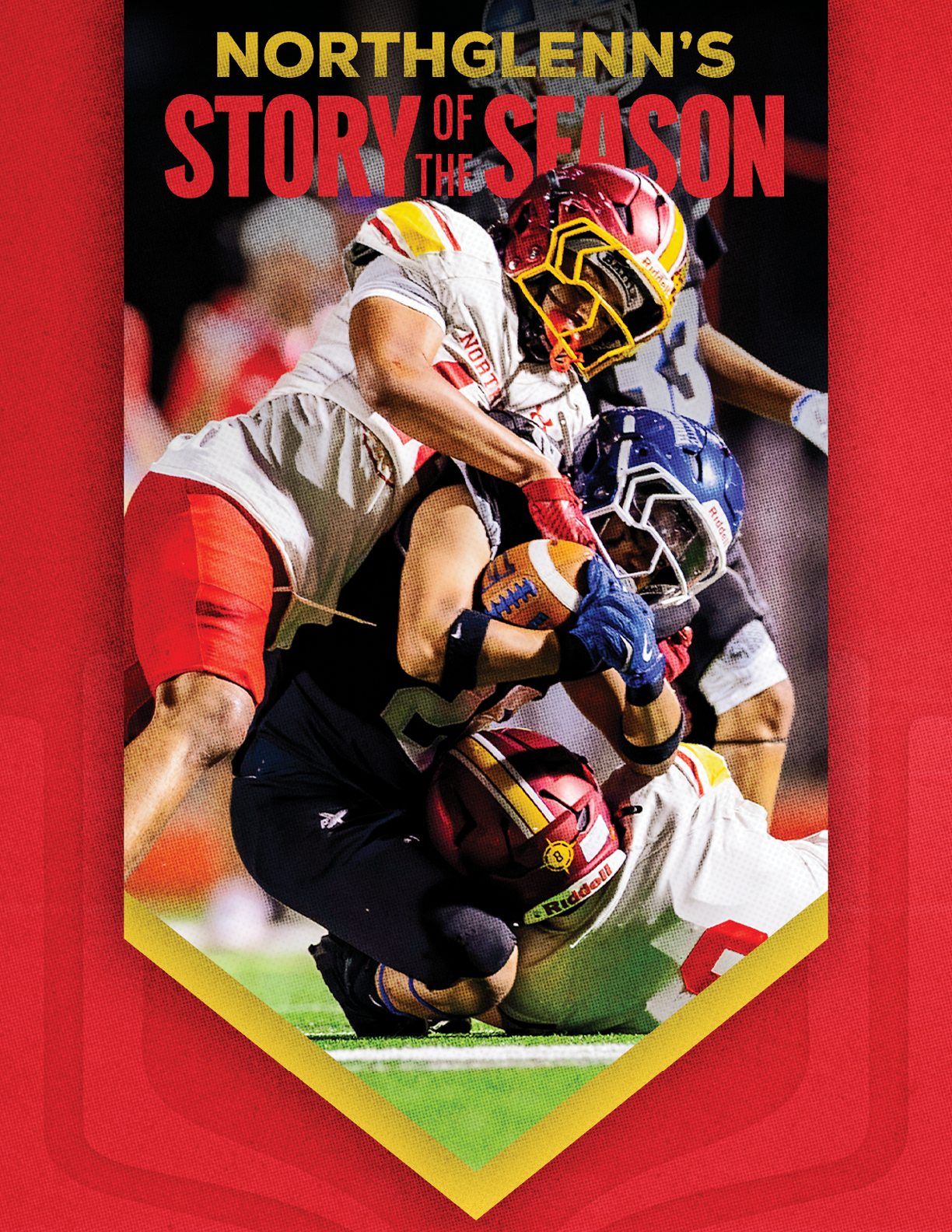 A football player is tackled to the ground. Description generated by AI