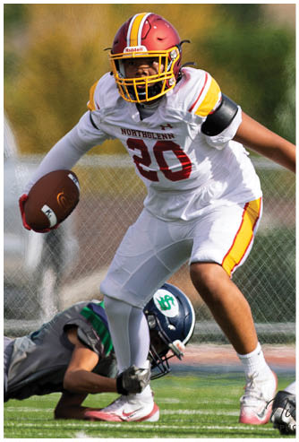 A football player wearing a red and yellow jersey with the number 20. Description generated by AI