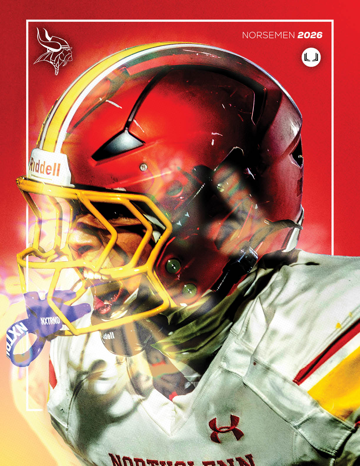 A football player wearing a helmet and a white jersey. Description generated by AI