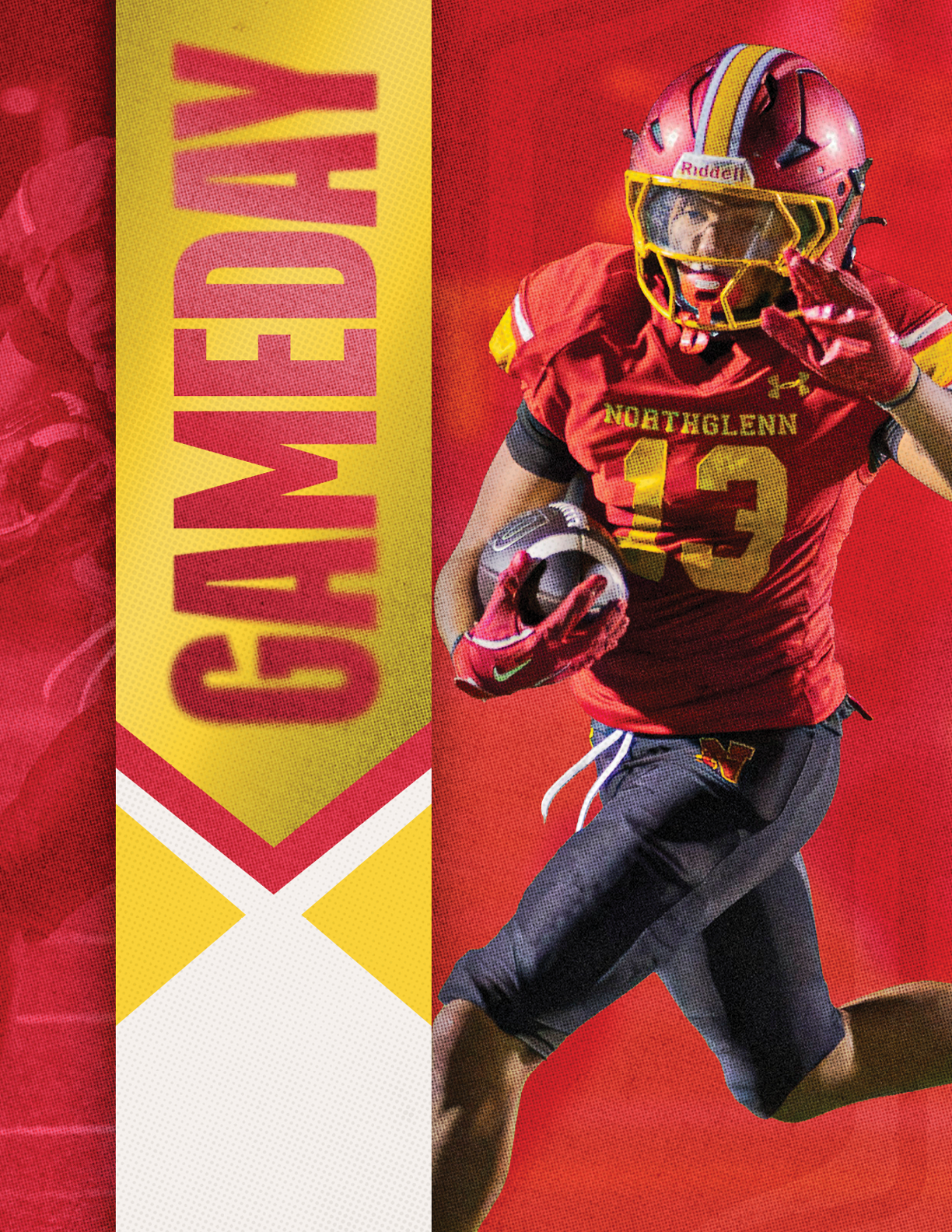 A football player in a red and yellow jersey with the number 14 on it. Description generated by AI