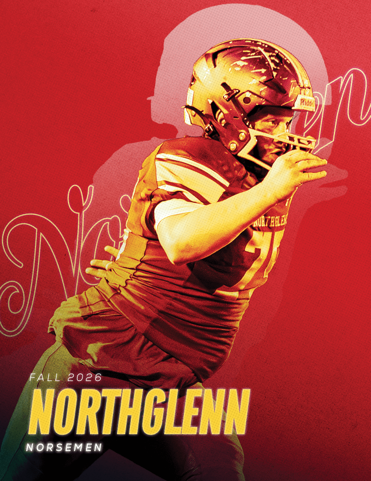A football player in a red jersey with the number 14 on it. Description generated by AI