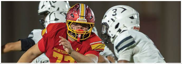 Two men shaking hands on a football field. Description generated by AI