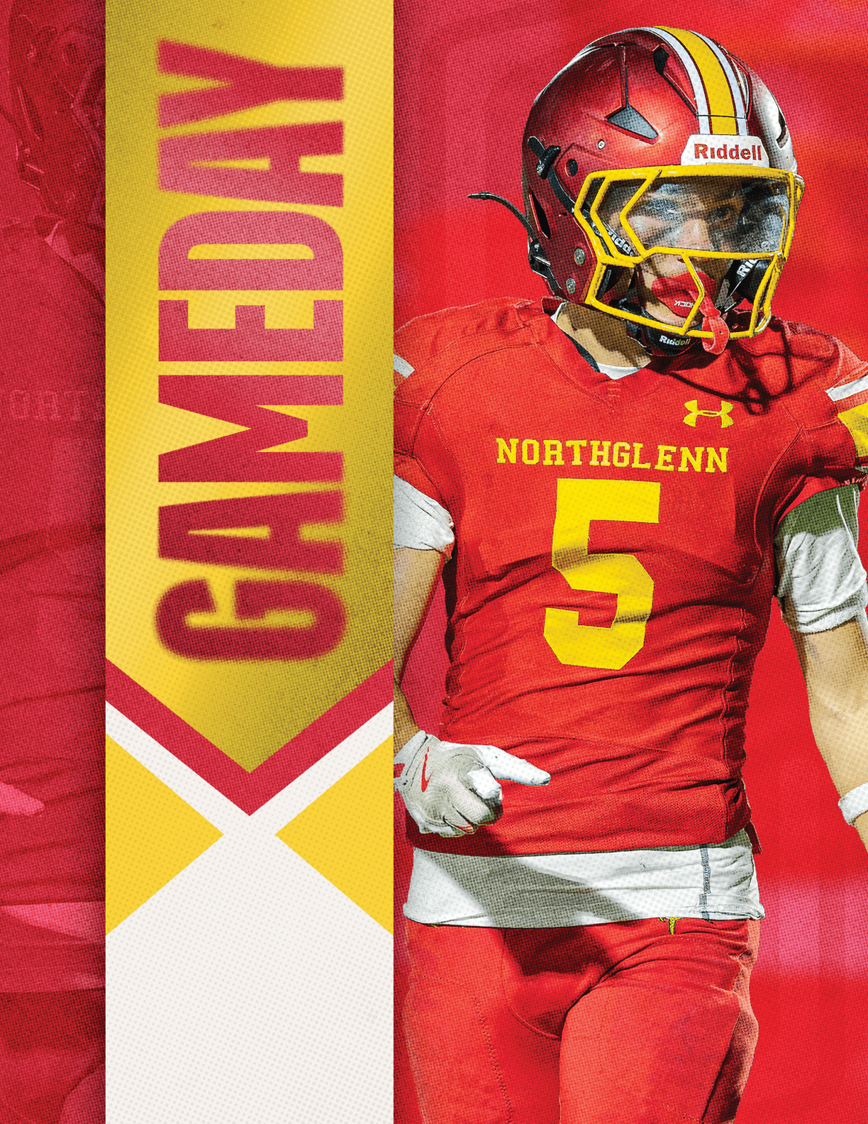 A football player wearing a red and yellow jersey with the number 5 on it. Description generated by AI