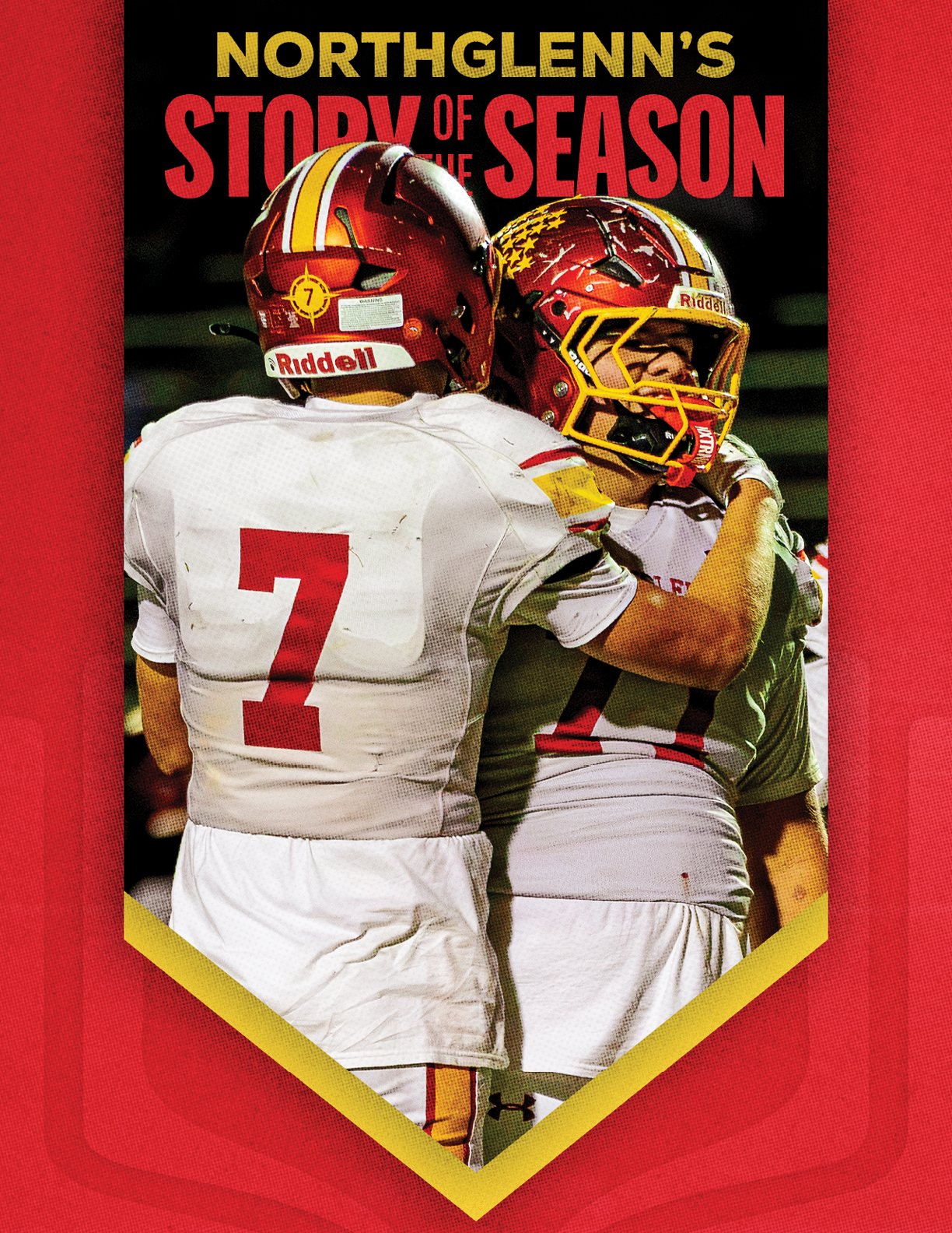 A red and yellow banner with a football player wearing a red jersey with the number 7 on it. Description generated by AI
