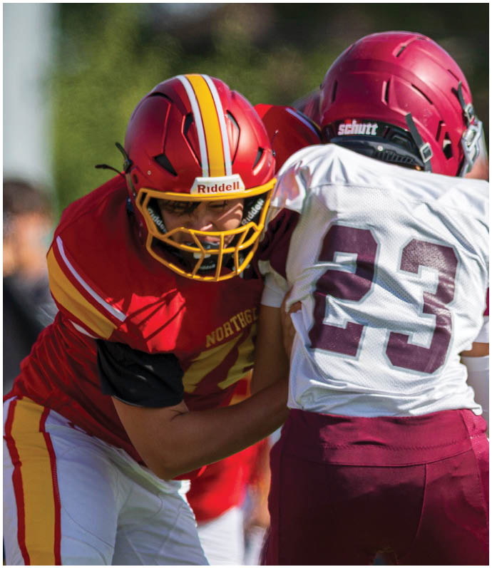 Two football players wearing red and white uniforms. Description generated by AI