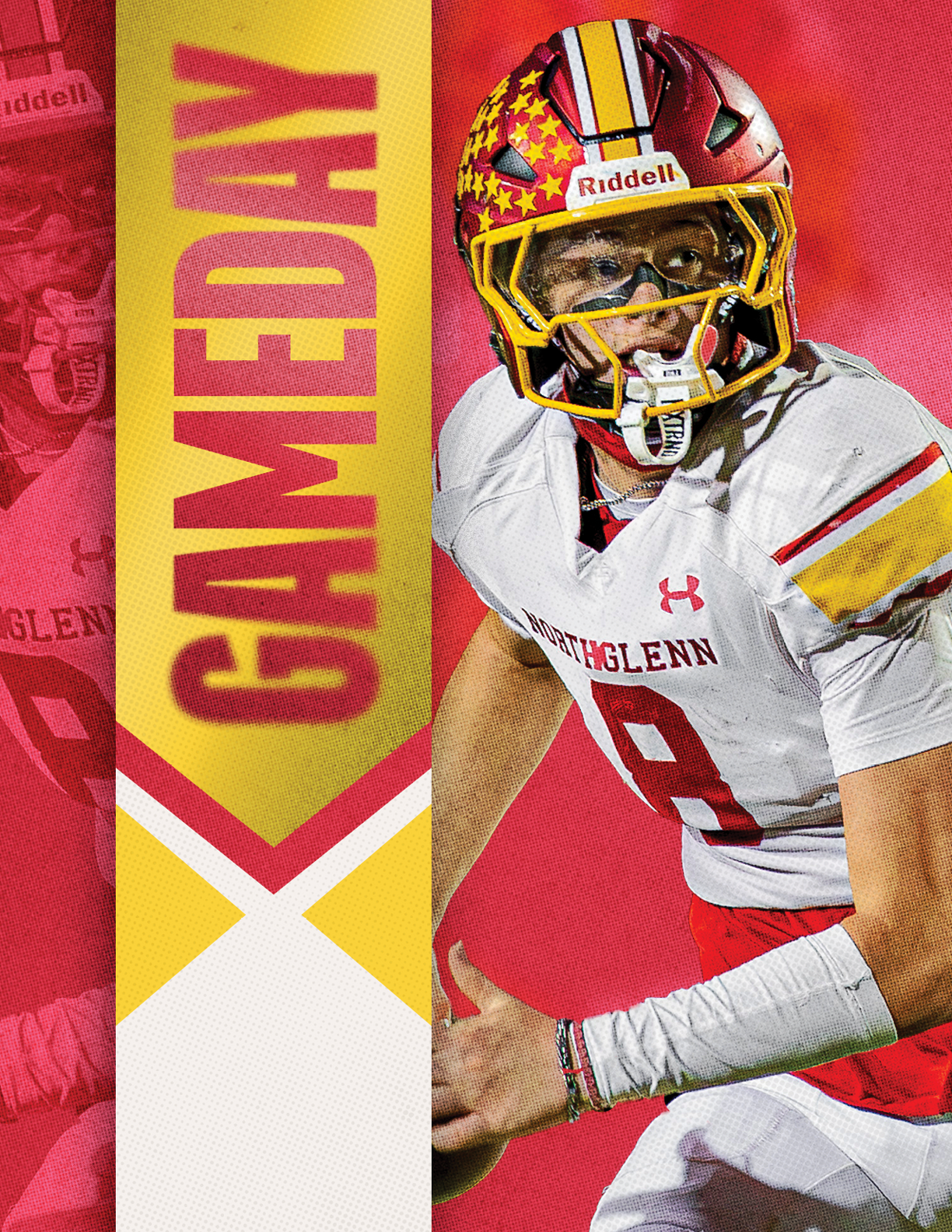 A football player wearing a red and yellow jersey with the number 9 on it. Description generated by AI