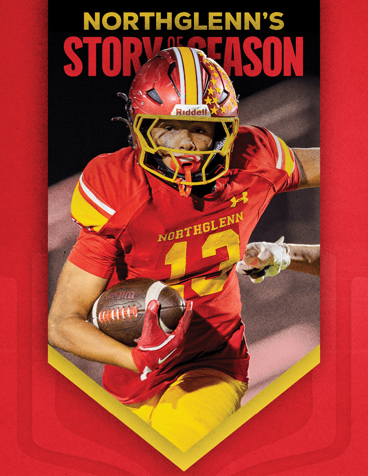 A red and yellow banner with a football player wearing a red jersey with the number 7 on it. Description generated by AI