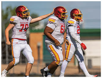 Two football players wearing red and yellow jerseys. Description generated by AI