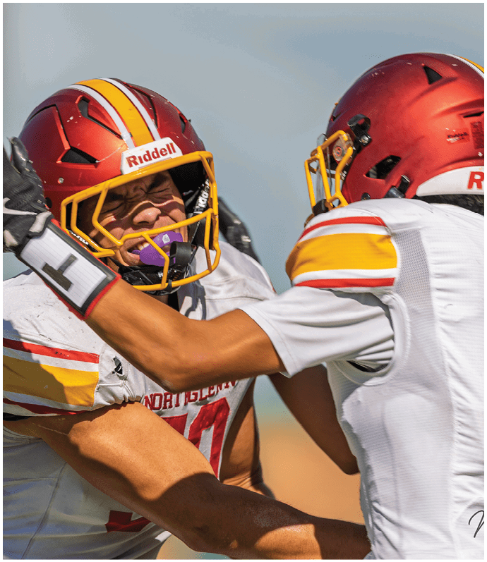 A football player in a red jersey running with a football. Description generated by AI