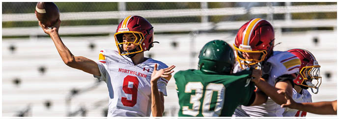 A football player in a red and yellow jersey running with a football. Description generated by AI