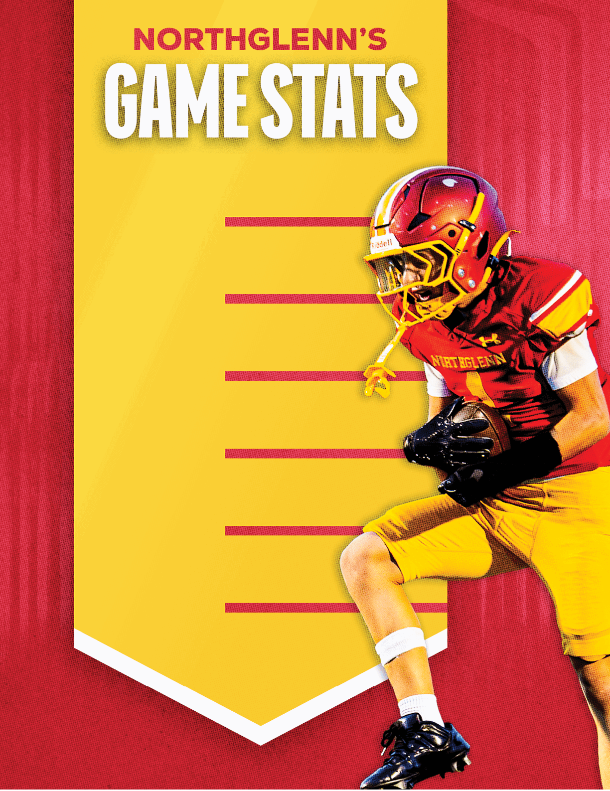 A football player wearing a red and yellow jersey. Description generated by AI