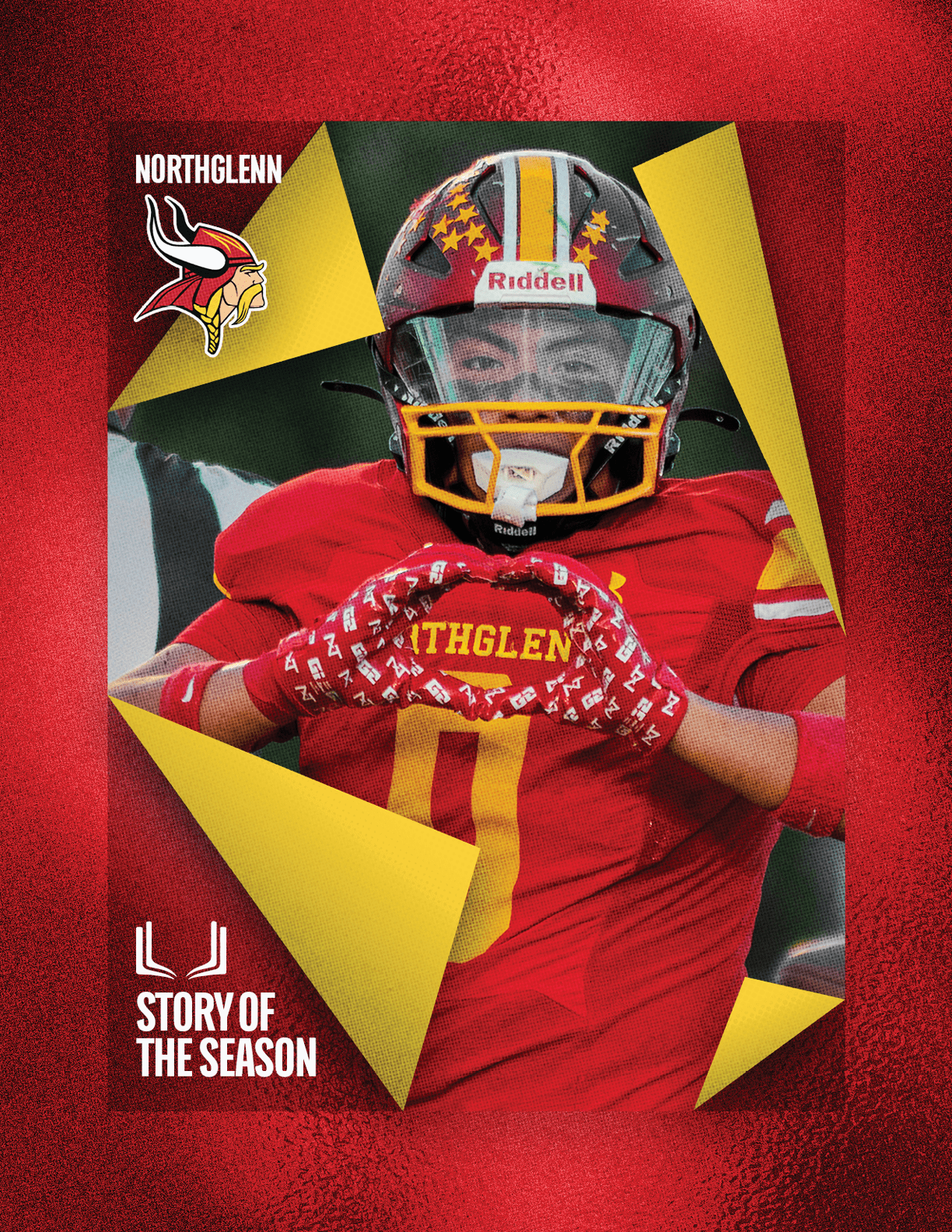 A football player wearing a red and yellow jersey with the number 12 on it. Description generated by AI