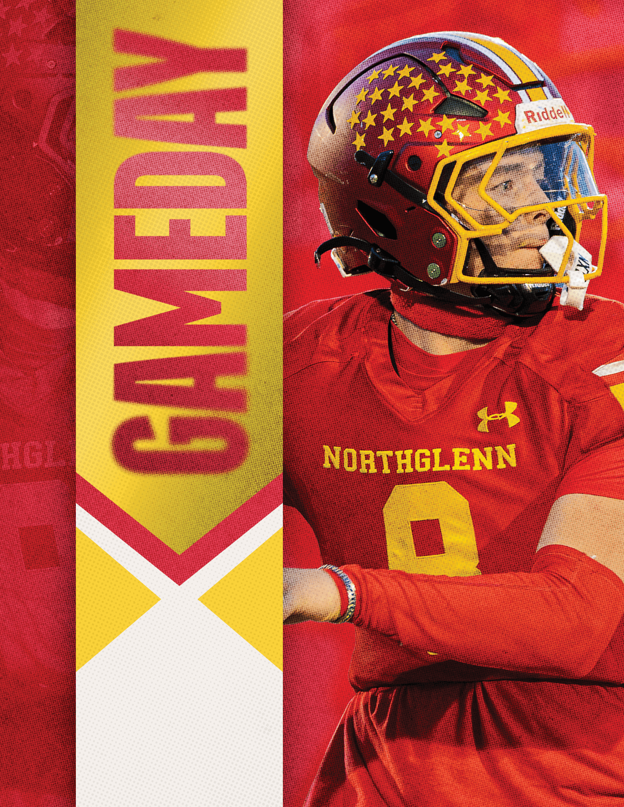 A football player wearing a red and yellow jersey with the number 9 on it. Description generated by AI
