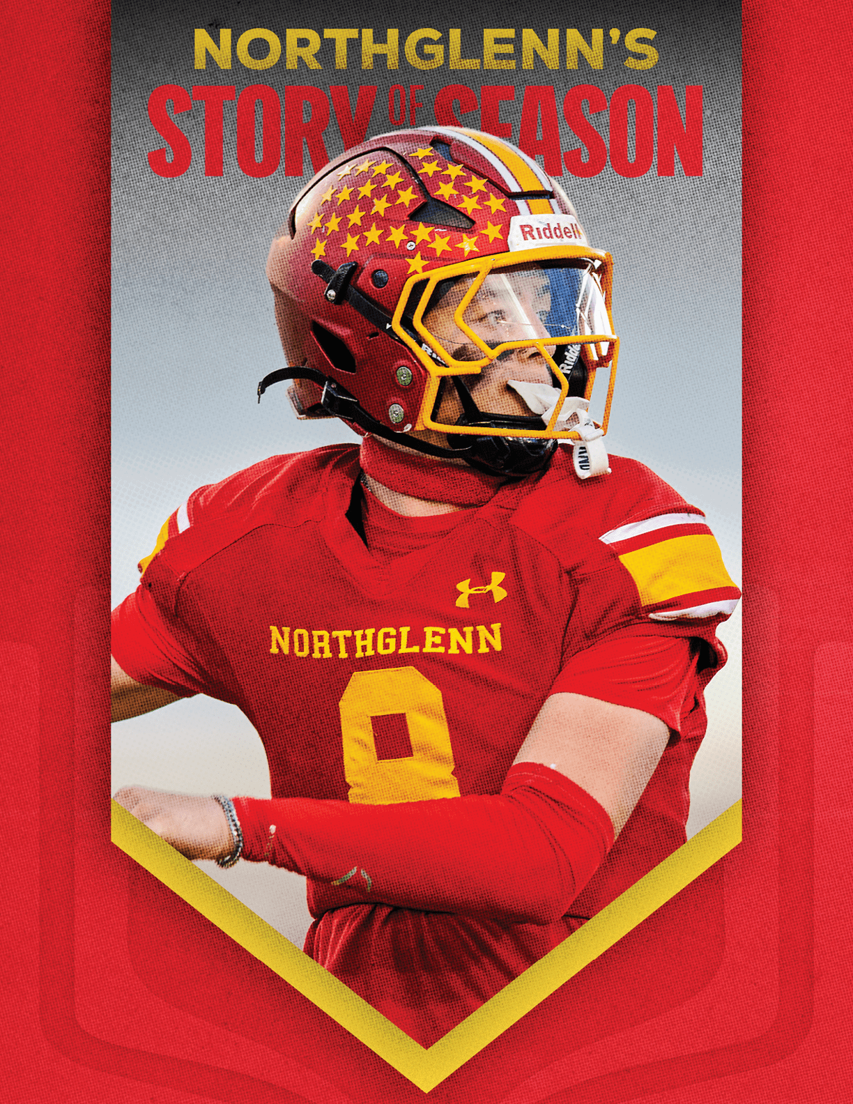 A red and yellow banner with a football player wearing a red jersey with the number 7 on it. Description generated by AI