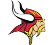 A Viking helmet with a red and white design. Description generated by AI