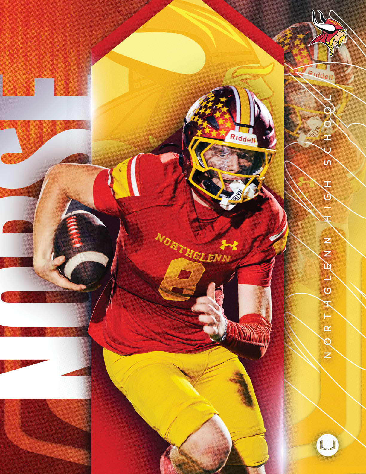 A football player wearing a red and yellow jersey with the number 12 on it. Description generated by AI