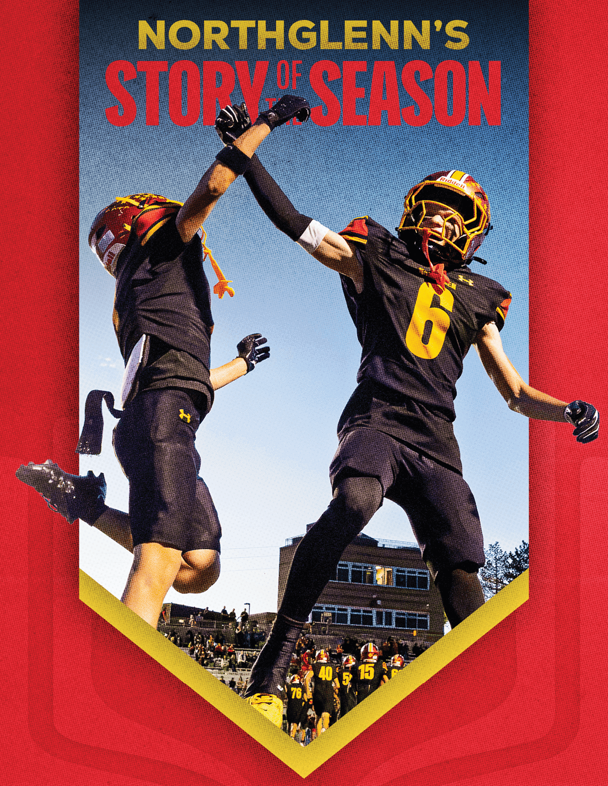 A red and yellow banner with a football player wearing a red jersey with the number 7 on it. Description generated by AI