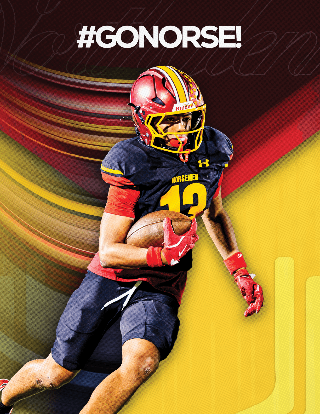 A football player wearing a red and yellow jersey with the number 12 on it. Description generated by AI